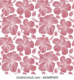 Design in pink colors for invitation, wedding or greeting cards. Vector hibiscus floral pattern. Watercolor hand drawing style on white background. Floral seamless pattern with hibiscus flowers.