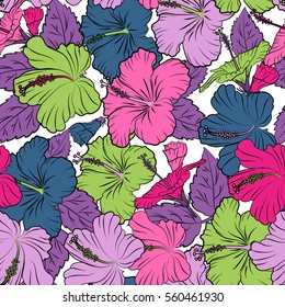 Design in pink, green and purple colors for invitation, fabric, wedding, greeting cards. Hand drawn on a white background. Floral seamless pattern with hibiscus flowers. Vector hibiscus floral pattern
