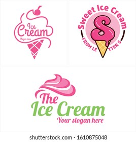 Design with pink ice cream cone waffle melt and cherry delicious modern logo vector illustration suitable for food label drink business retail cafe sweet dessert