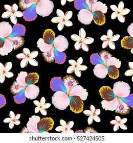 Design in pink and neutral colors for flyers, wedding, greeting cards. Vector hibiscus floral pattern. Floral seamless pattern with hibiscus flowers, watercolor hand drawing style on black background.