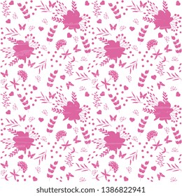 Design pink pattern of flowers, leaves, butterflies, hearts on a white background. Seamless, textured, artistic. Bright vector illustration.