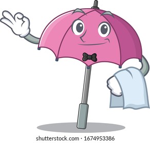 A design of pink umbrella cartoon character working as waiter