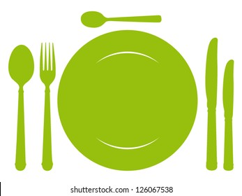 Design place setting with green knives, plate, spoons and fork. Vector illustration.