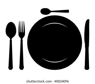 Design place setting with knife, plate,  spoon and fork. Vector illustration.