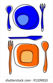 Design place setting with knive, plate, spoon and fork. Vector illustration.