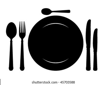 Design place setting with knives, plate, spoons and fork. Vector illustration.