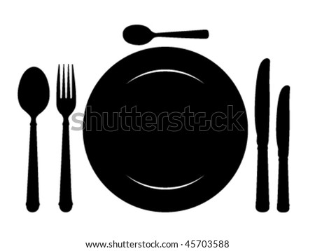 Design place setting with knives, plate, spoons and fork. Vector illustration.
