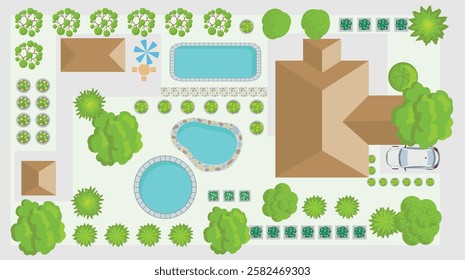 Design plan with house, courtyard, lawn and garage top view. Highly detailed plan of country with modern cottage, garden, pond, pool.