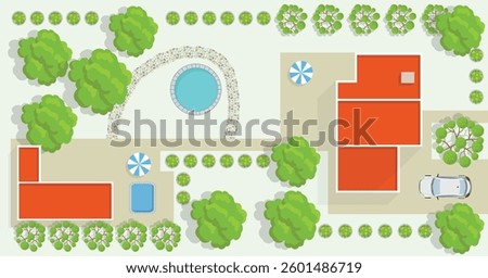 Design plan with house, courtyard, lawn and garage top view. Highly detailed plan of country with modern cottage, garden, pond, pool.