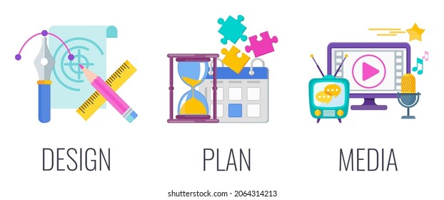 Design, plan and media. Creative as part of marketing communication. Logo design, packaging advertising. Strategy, management. Flat vector illustration
