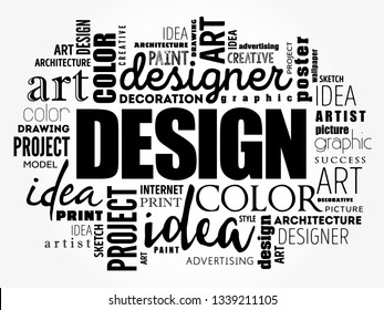 DESIGN - plan or specification for the construction of an object or system or for the implementation of an activity or process, word cloud creative concept background