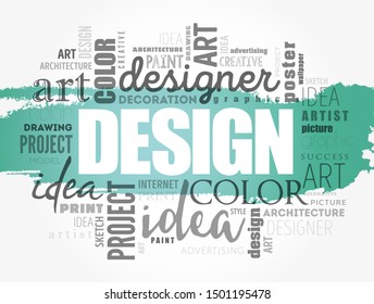 DESIGN - plan or specification for the construction of an object or system or for the implementation of an activity or process, word cloud creative concept background