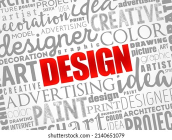 DESIGN - plan or specification for the construction of an object or system or for the implementation of an activity or process, word cloud creative concept background