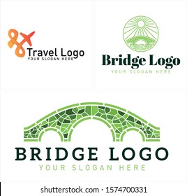 Design with plane sun and bridge illustration vector logo suitable for travel hotel family holiday transport