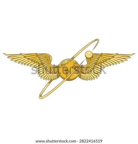 Design of planet earth with angel wings and divine halo, crafted in a luxurious bright golden tone with celestial elegant reflections.