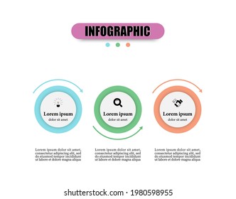 Design planning timeline infographics template with three circle elements. Business infographics template with 3 steps, options, marketing icons. Can use for presentation, diagram, banner, web design.