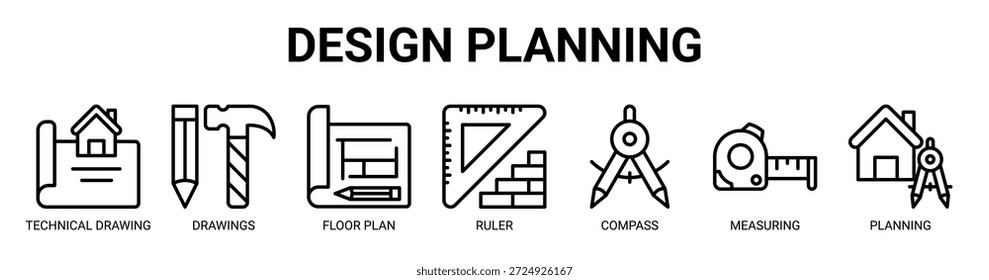 Design Planning web banner ícone vetor ilustração conceito para negócios com ícone de desenho técnico, desenhos, planta baixa, régua, bússola, medição, planejamento.