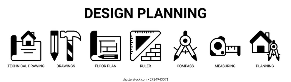 Design Planning web banner ícone vetor ilustração conceito para negócios com ícone de desenho técnico, desenhos, planta baixa, régua, bússola, medição, planejamento.
