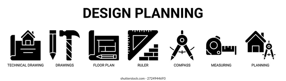 Design Planning web banner ícone vetor ilustração conceito para negócios com ícone de desenho técnico, desenhos, planta baixa, régua, bússola, medição, planejamento.