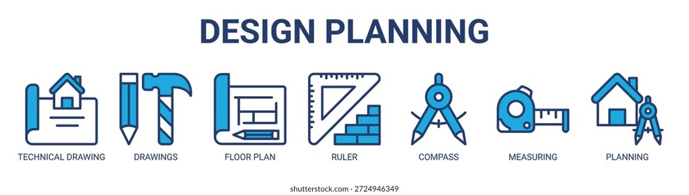 Design Planning web banner ícone vetor ilustração conceito para negócios com ícone de desenho técnico, desenhos, planta baixa, régua, bússola, medição, planejamento.