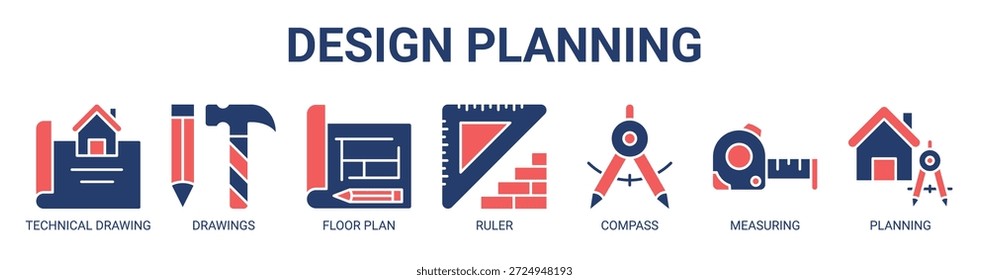 Design Planning web banner ícone vetor ilustração conceito para negócios com ícone de desenho técnico, desenhos, planta baixa, régua, bússola, medição, planejamento.