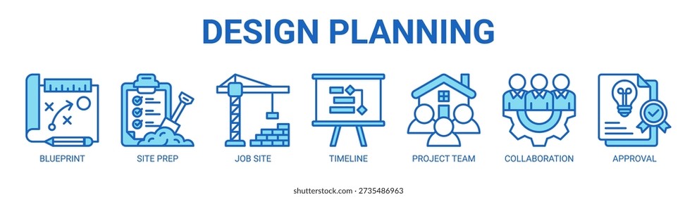 Design Planning web banner icon vector illustration concept with icon of blueprint, site preparation, job site, project timeline, project team, collaboration, and approval.