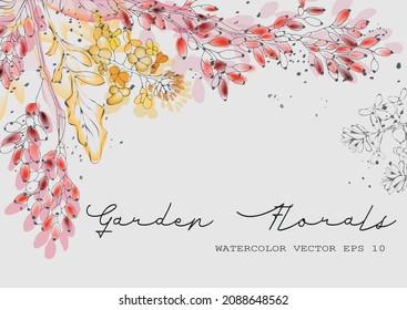 Diseño con plantas en un fondo claro. Portada, plantilla para el diseño de cuadernos, libros, cuadernos, postales, invitaciones. 
Ilustración al estilo acuarela. Un lugar para tu texto.