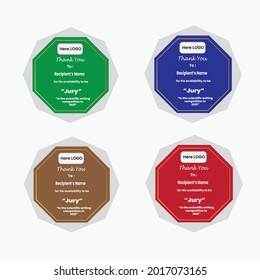 Die Gestaltung der für den Druck verwendeten Plakette wird der Jury, den Teilnehmern oder Gewinnern eines Wettbewerbs, einer Aktivität oder einer Veranstaltung