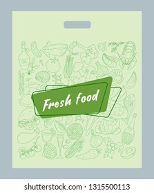 Design plastic bag for food shops with the pattern of the products. Fresh food. Vector