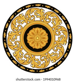 Design of plate in Baroque style with golden decoration. Vector circle template