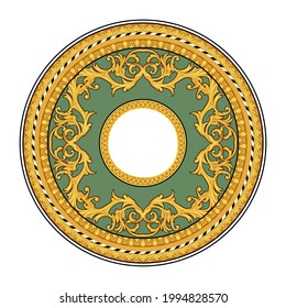 Design of plate in Baroque style with golden decoration. Vector circle template