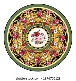 Design of plate in Baroque style with golden decoration. Vector circle template