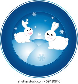 Design of a plate by New year. White rabbits are played in snowdrifts
