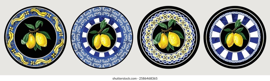 Design plate with lemons and blue ornament. Vector