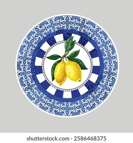 Design plate with lemons and blue ornament. Vector