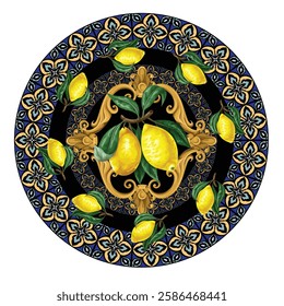 Design plate with lemons and blue ornament. Vector.