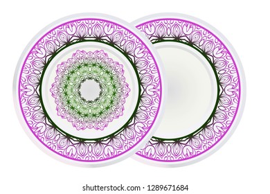 Design Plates for interior design. Porcelain plate with mandala ornament. Vector illustration. Isolated. Round geometric floral pattern. Interior decoration, home decor element. Purple green color.