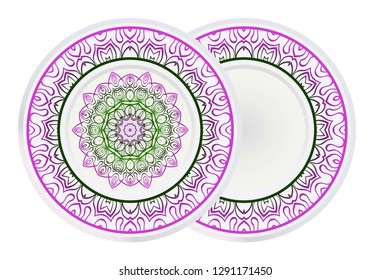 Design Plates for interior design. Porcelain plate with mandala ornament. Vector illustration. Isolated. Round geometric floral pattern. Interior decoration, home decor element. Purple green color.