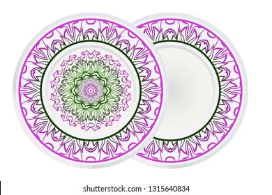 Design Plates for interior design. Porcelain plate with mandala ornament. Vector illustration. Isolated. Round geometric floral pattern. Interior decoration, home decor element. Purple green color.