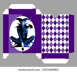 Design of a playing cards tuck box template in purple and violet colors with a sitting Joker. Vector illustration in modern flat style.