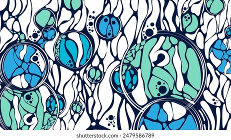 Design plex of chaotic circles, spheres, lines. Vector blue background. Neurotrophic texture of network. Cosmic pattern. Poster presentations, business, science, computer screensaver.