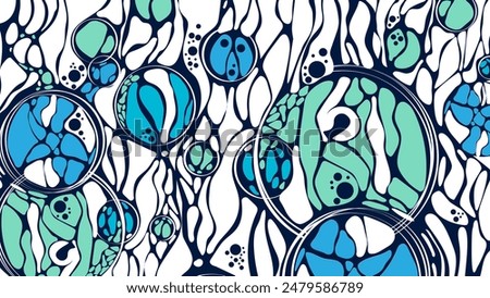Design plex of chaotic circles, spheres, lines. Vector blue background. Neurotrophic texture of network. Cosmic pattern. Poster presentations, business, science, computer screensaver.