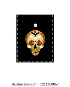 Design pocket with golden Mexican sugar skull. Vector illustration with jewellry.