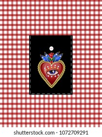 Design pocket with traditional Mexican hearts with fire and flowers, embroidered sequins, beads and pearls. Vector patches.