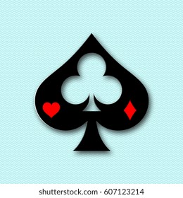 Design for poker and casino. The spades suit of a deck of cards with a diamond, a trefoil and a heart on a light background with a pattern and a realistic shadow