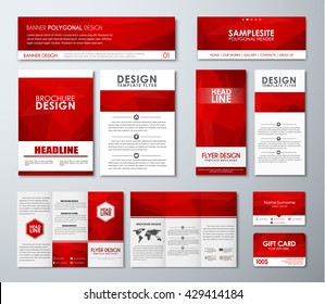 Design polygonal banners, flyers, gift cards, folding brochures and business card. Template red corporate identity of the company for advertising and printing. Vector illustration. Set