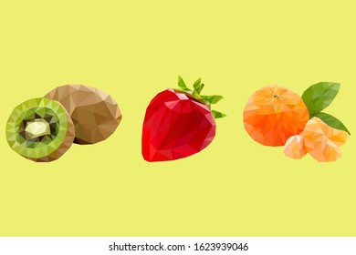 design polygonal strawberry, kiwi, and oranges with simple and attractive colors. This polygonal design is suitable for a company icon or beverage brand.