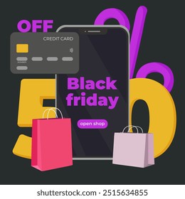 Design for post, banner, brochure, advertisement with phone, credit card, bags, discount and inscription black friday. Composition on black background