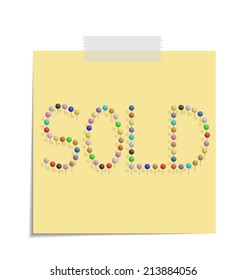 design of a post with push pins forming the word sold 