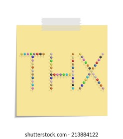 design of a post with push pins forming the word thx 